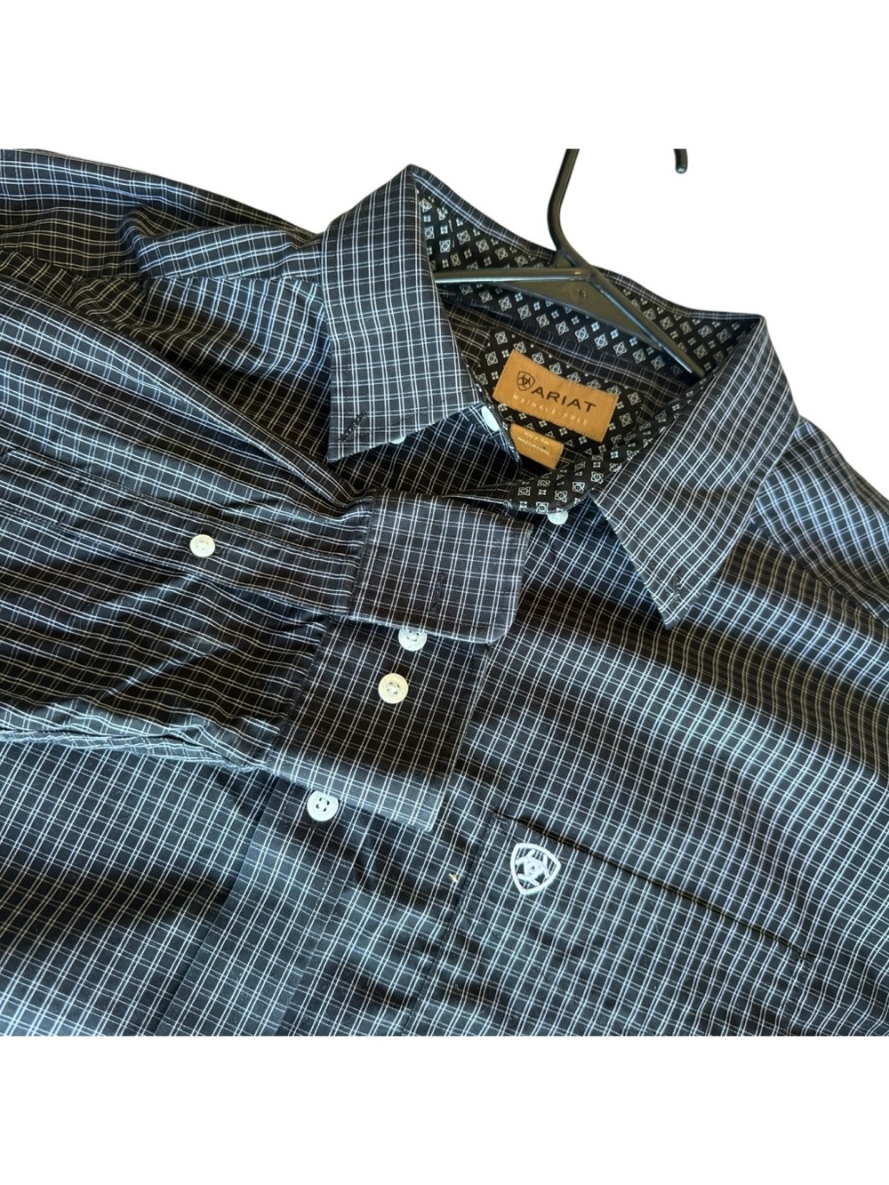 Ariat Wrinkle Free Black Gray Plaid Button Down Shirt XL